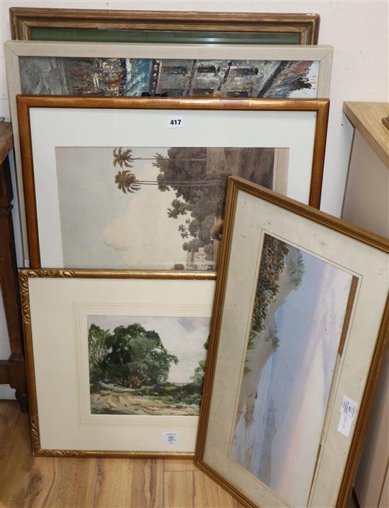 Five assorted watercolours and prints including an Evelyn Bishop gouache of Porth Newquay and